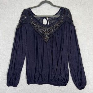 Free People Blue Sky Beaded Blouse Womens Small Boho Boat Neck
